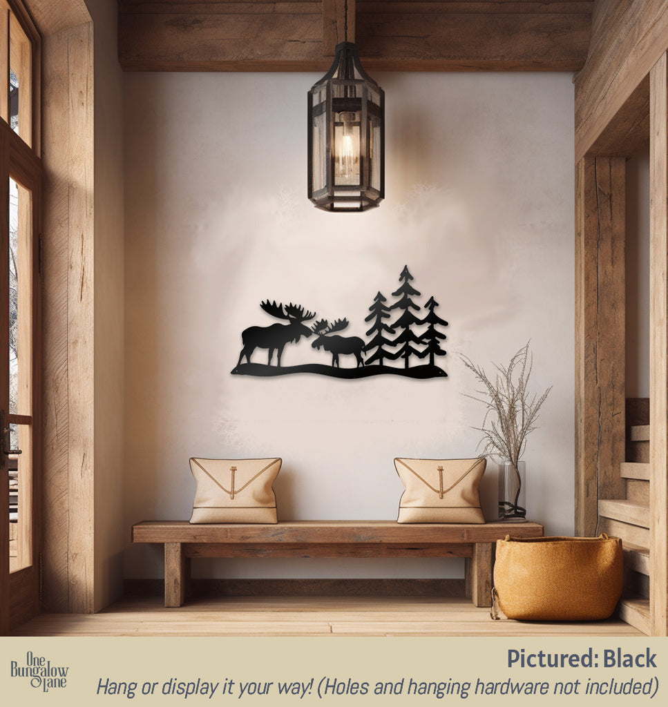 Two Moose & Trees Metal Wall Art